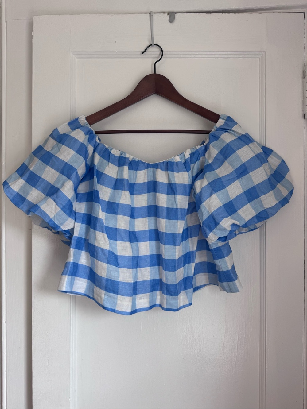 RHODE Blue and White Gingham Off-Shoulder Puff Sleeve slightly cropped Top